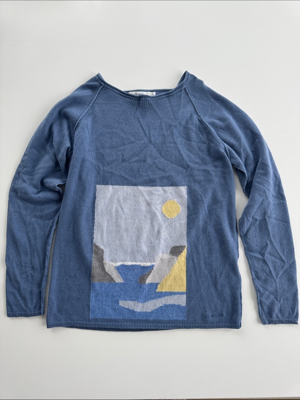 BONPOINT Boys Blue Scenic Crewneck Sweatercashmere blend, sun graphic, size 12